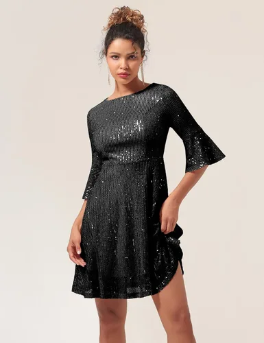 Vista 3 de HomRain Vestido de lentejuelas para mujer, con mangas acampanadas, vestidos formales brillantes para invitados de boda, hasta la rodilla, vestido