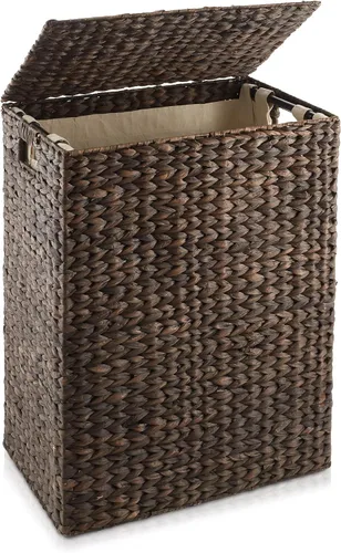 Vista 8 de Casafield gran cesta de lavandería con tapa y bolsa interior extraíble - Canela, cesta de lavandería rectangular tejida de jacinto de agua