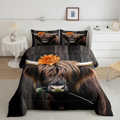 Vista 32 de Ropa de cama con estampado de vaca marrón tamaño individual, juego de edredón rústico de piel de vaca con calavera de vaca, relleno de edredón