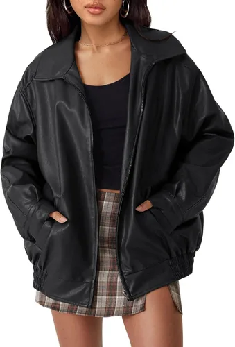 Vista 12 de AUTOMET Chaqueta de piel sintética de gran tamaño para mujer para otoño e Verde Armada (ArmyGreen)