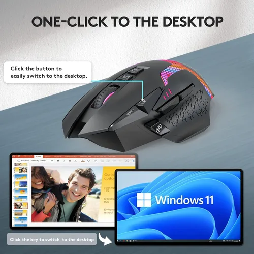 Vista 3 de AOGTUNAL Ratón inalámbrico Bluetooth ergonómico, recargable USB-C, mouse para juegos de computadora con botones laterales de reposamuñecas, 3 modos