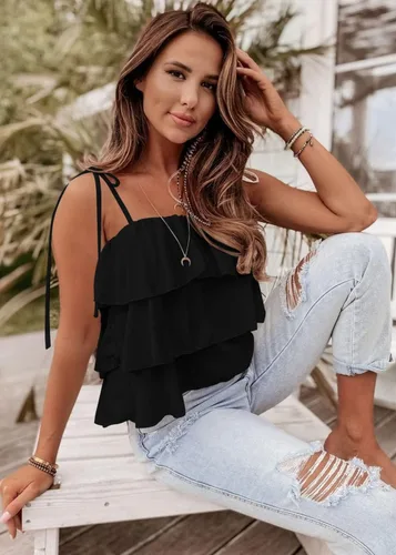Vista 6 de KIRUNDO Blusa tipo babydoll con volantes y tirantes delgados para mujer, para verano, en capas, para playa, moda, vacaciones, crucero