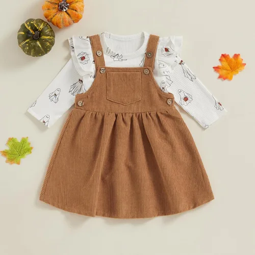 Vista 2 de Mandizy Ropa de bebé de Halloween para niña, conjunto de falda con tirantes de calabaza, fantasma, manga larga, mameluco de pana, vestido de overol