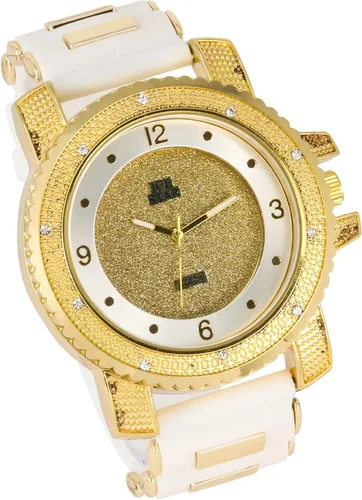 Vista 2 de Techno Pave Reloj de gran tamaño de 2.047 in para hombre, bisel brillante, esfera redonda, correa de silicona, acabado en oro y plata de 14