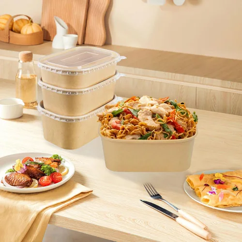 Vista 8 de Paquete de 50 recipientes de cartón compostables de 25 onzas con tapas, papel kraft desechable, almacenamiento para microondas y congelador, seguro