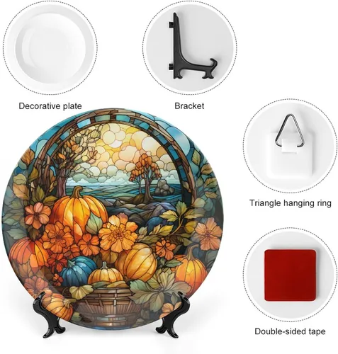 Vista 3 de Plato de cosecha de otoño de calabaza para decoración de pared de oficina en casa, plato decorativo con soporte de exhibición, adorno de cerámica