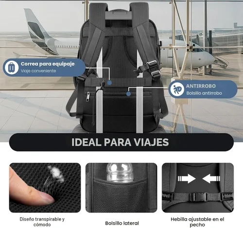 Vista 7 de Mochila de transporte para viajes de 1 a 10 días, mochila de viaje extra grande de 40L-50L aprobada por la TSA, bolsa expandible para laptop, bolsa