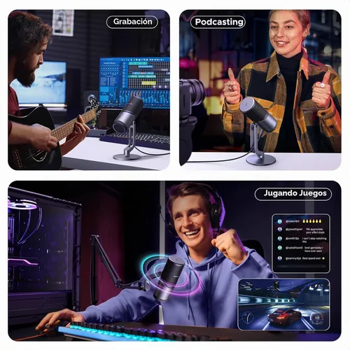 Vista 8 de UGREEN Micrófono para PC, micrófono para juegos USB con luces RGB, 24bit/96kHz