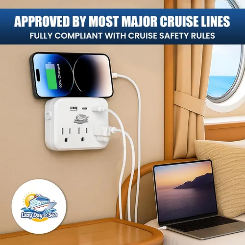Vista 6 de Regleta de alimentación sin sobretensión (6 en 1) compatible con cruceros con 3 salidas de CA, 2 puertos USB y 1 USB-C, 2500W, carnaval, noruego