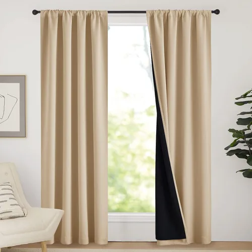 Vista 115 de NICETOWN Biscotti Beige 100% Cortinas opacas de 45" de largo para cocina, bolsillo con varilla para sótano completamente opaco, cortinas térmicas