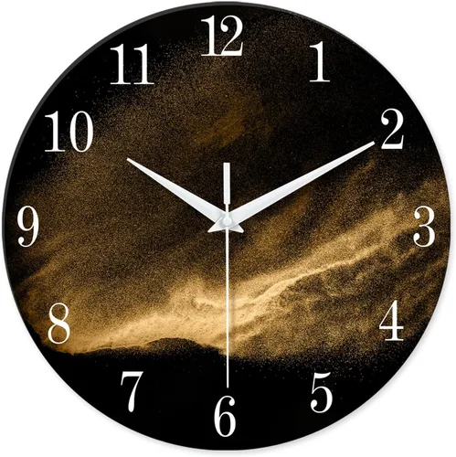 Vista 18 de Reloj de pared moderno negro y dorado con pilas, reloj de pared silencioso de 12 pulgadas, reloj de pared de vidrio sin tictac para sala de estar