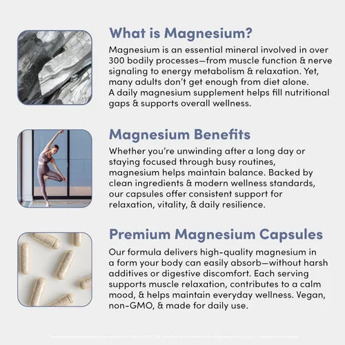 Vista 8 de Magnesio 350 mg - Suplemento natural de bisglicinato de magnesio de alta absorción - Píldoras Mag para mujeres y hombres - Vegano, sin gluten, sin