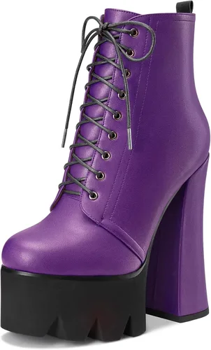 Vista 11 de HDEUOLM Botas de tobillo con tacón alto de bloque grueso para mujer, puntera redonda, botines cortos con cordones y cremallera, zapatos clásicos