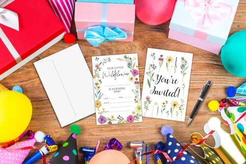 Vista 3 de Invitaciones de primer cumpleaños de flores silvestres con sobres, 20 unidades, Our Little Wildflower Is Turning One Birthday Party Invitations for