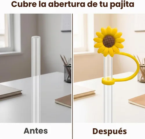 Vista 6 de Tapón de paja de girasol, tapones reutilizables a prueba de salpicaduras, herramienta de cocina, puntas de paja, cubierta de silicona, accesorio