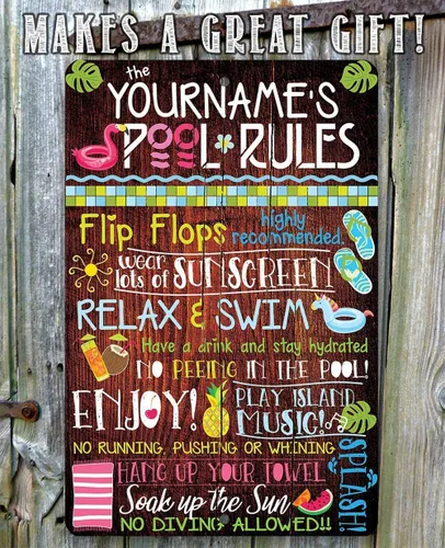 Vista 8 de Letreros personalizados de reglas de la piscina, letreros de metal para decoración de piscina exterior divertida - Arte de pared para decoración