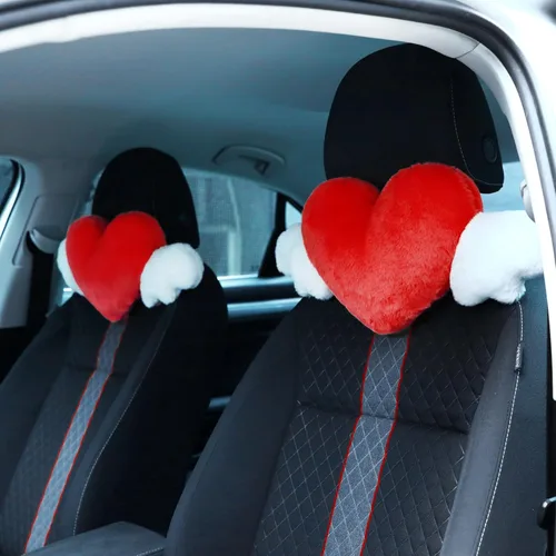 Vista 8 de Macarrie 2 Piezas Almohadas de Felpa en Forma de Corazón con Alas de Ángel Reposacabezas de Coche Almohada Suave y Cómoda para Asiento de Coche