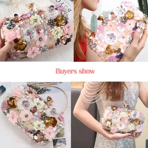 Vista 6 de BBTT.ful Bolso de mano para mujer con diseño de flores, con correa de cadena y bandolera (champán), Champán