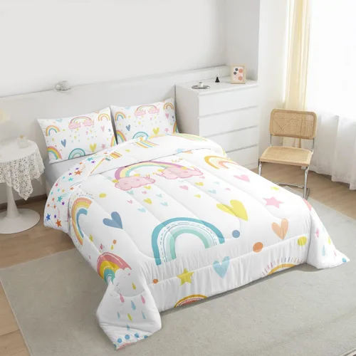 Vista 4 de Erosebridal Juego de edredón arcoíris de 2 piezas, edredón de nube de dibujos animados kawaii iridiscente individual para niños, niñas, mujeres