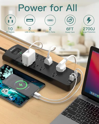 Vista 2 de Addtam - Regleta de alimentación con 10 tomas y 4 puertos USB (2 USB C), 2700J, 6 pies Extension Cord with Multiple Outlets, Surge Protector Power