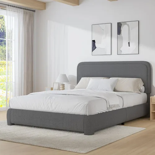 Vista 10 de BarnFurin Base de cama individual con cabecero, cama de plataforma tapizada Cloud Boucle, esquinas redondeadas suaves, no necesita somier, Beige