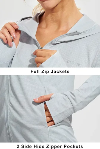 Vista 3 de Libin sudadera con capucha para mujer, con cremallera completa, UPF 50+, capucha con protección solar, de manga larga, para senderismo
