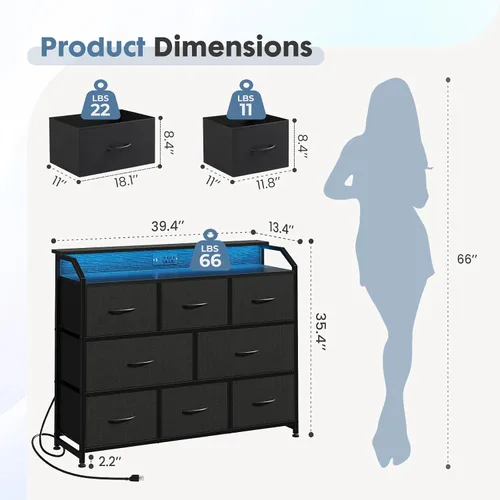 Vista 3 de DUMOS - Cómoda para TV con 8 cajones de tela, cómoda, color negro APP Control LED Lights and Type-C Charging Station, Fabric Storage Tower TV