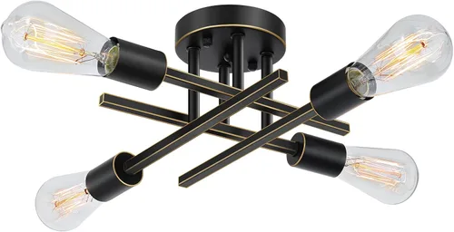 Vista 15 de SunRider Lámpara de Techo Industrial Semiempotrada de 4 Luces, Luces de Casa de Campo Moderna Negro Mate, Candelabro Rústico Sputnik para Dormitorio