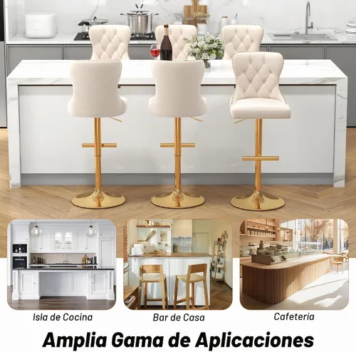 Vista 9 de Juego de 2 taburetes de bar giratorios de terciopelo con respaldo copetudo y base dorada, beige Adjustable Counter Height Barstools with Soft