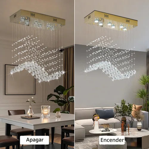 Vista 4 de Candelabro Rectangular Moderno de Onda Dorada para Comedor Sobre Mesa, Lámpara de Techo Elegante de 6 Luces Tipo Gota de Lluvia para Isla de Cocina