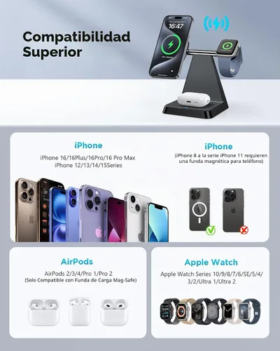 Vista 2 de Estación de carga para múltiples dispositivos Apple: Woruda 3 en 1 Soporte de cargador inalámbrico magnético para iPhone Mag Safe - Base de carga