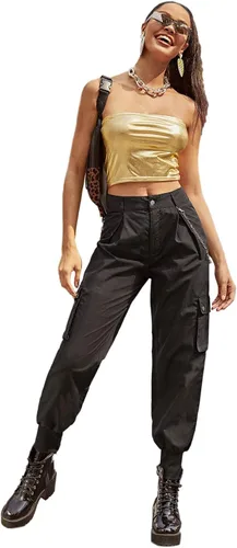 Vista 5 de Milumia Pantalones tipo cargo para mujer estilo casual de cintura alta con bolsillo lateral con cadena