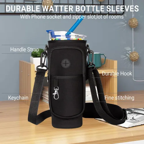 Vista 5 de Soporte para botella de agua con correa para vaso Stanley de 40 onzas con asa, bolsa para botella de agua con bolsillo para teléfono, bolsillo