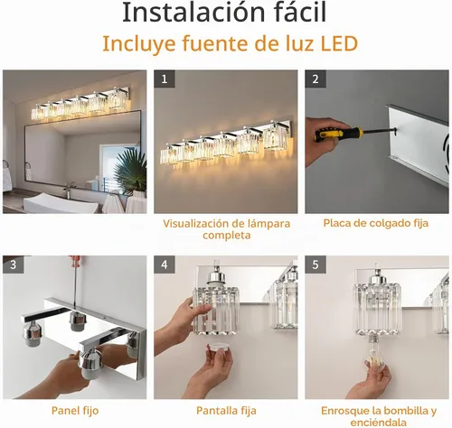 Vista 6 de Moderna lámpara de tocador de baño de cristal, color cromo, de 6 luces Cromo Recto