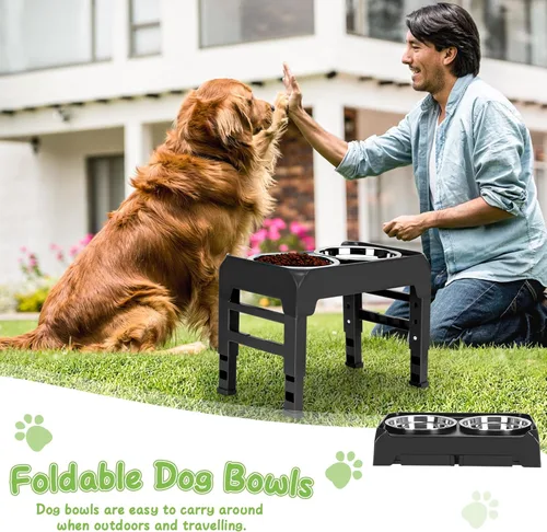 Vista 13 de Tazones elevados con alturas ajustables, soporte elevado con 2 cuencos de acero inoxidable, comedero plegable antideslizante para perros medianos