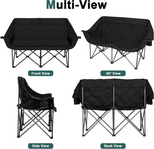 Vista 7 de Romswi Silla de campamento doble, silla de campamento para 2 personas, sofá biplaza plegable de gran tamaño, sofá de campamento resistente y sofá al