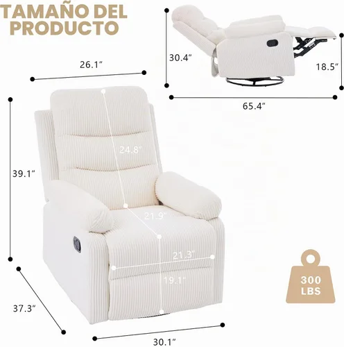 Vista 2 de Silla reclinable mecedora, moderna silla reclinable giratoria, sillón reclinable de tela de pana, sillón reclinable manual para sala de estar