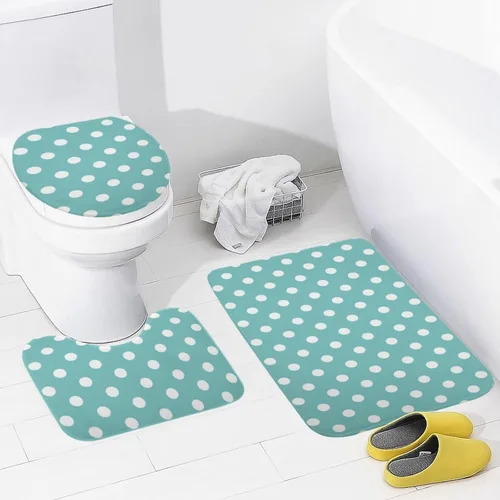Vista 3 de Juego de 3 alfombras de baño con diseño de lunares, color azul aguamarina, antideslizante, con contorno en forma de U y tapa de inodoro