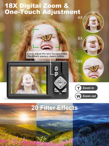 Vista 6 de Cámara digital para niños, adolescentes y principiantes – 48MP FHD 1080P, zoom digital 18X antivibración, LCD de 2.83 pulgadas + tarjeta de 32 GB