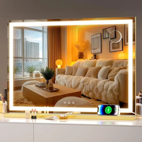 Vista 23 de Hasipu Espejo de tocador con luces, espejo LED de maquillaje de 31.5 x 22 pulgadas, espejo de maquillaje iluminado con 3 modos regulables, espejo
