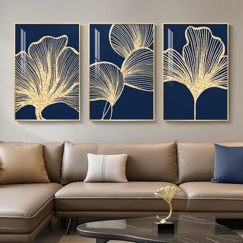 Vista 45 de Arte de pared moderno enmarcado en blanco y negro, 3 piezas de impresiones contemporáneas grandes para paredes, juego de 3 imágenes de hojas doradas