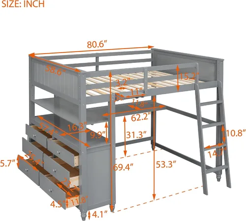 Vista 2 de Cama tipo loft tamaño matrimonial con escritorio y cajones de almacenamiento, cama alta tamaño matrimonial para adultos y niños, marco de cama