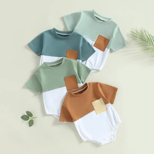 Vista 6 de Mameluco de verano para bebé niño, trajes de mameluco de bloque de color, lindo overol de 3, 6, 12, 18 meses Azul