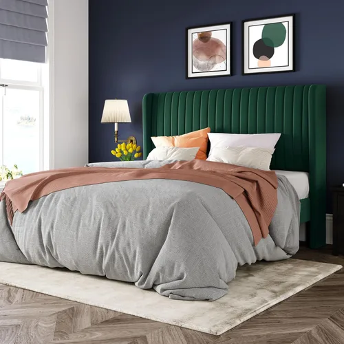 Vista 21 de Allewie - Base de cama tamaño Full con cabecera tapizada en terciopelo y diseño acanalado vertical; plataforma de cama tapizada; listones de madera