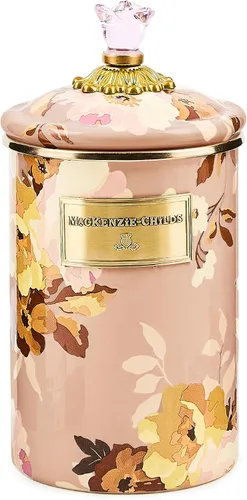 Vista 9 de MACKENZIE-CHILDS Bote de Esmalte, Contenedor de Almacenamiento de Cocina con Tapa, Grande, Wild Rose Brown Hand-applied design, made from enameled