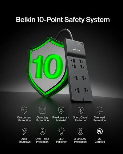 Vista 5 de Belkin - Protector de sobretensiones de 8 salidas con 8 tomas de corriente alterna y enchufe plano de 8 pies de largo, cable de extensión resistente