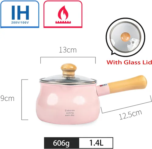 Vista 2 de Olla de leche pequeña beige de 1.2L con tapa lindo mango de madera hogar sartén antiadherente leche caliente bebé suplemento de alimentos olla