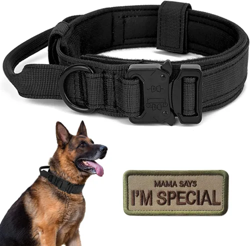 Vista 14 de Collar táctico para perro con asa, collar de entrenamiento militar ajustable para perros, nailon suave y hebilla de metal resistente para perros