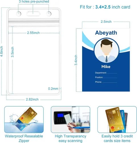 Vista 2 de ABEYATH Paquete de 10 portatarjetas de identificación extragruesos, resistente al agua, plástico transparente, PVC, bolsillo vertical resellable