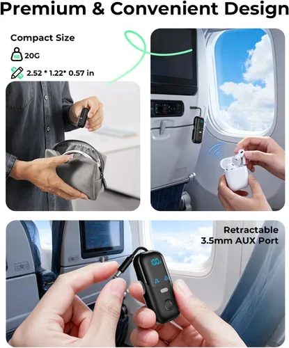 Vista 2 de Receptor transmisor Bluetooth 5.4 aptX adaptativo para 2 AirPods/auriculares, adaptador de audio Bluetooth 2 en 1 con micrófono y pantalla LED